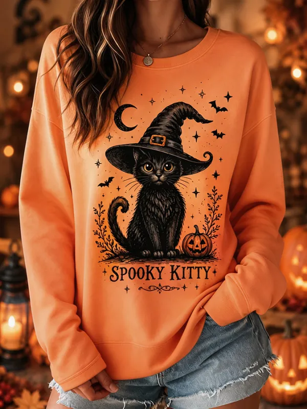 Women'S Spooky Kitty Witch Cat Pumpkin Halloween Gradient Tee