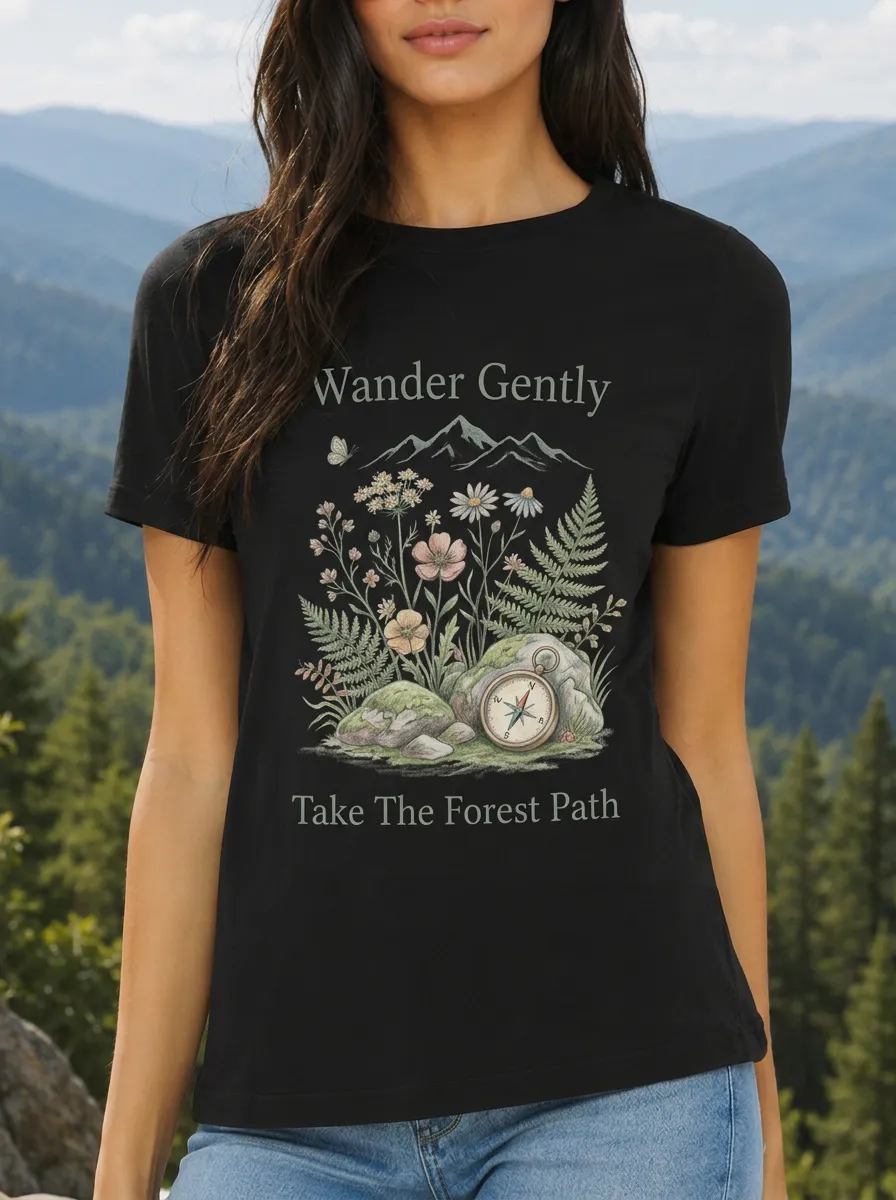 Women's Nature Lover Mountain Compass Floral Printed T-shirt