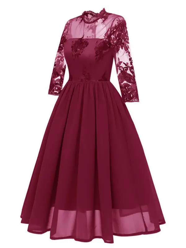 Embroidered Stand Collar Long Dress