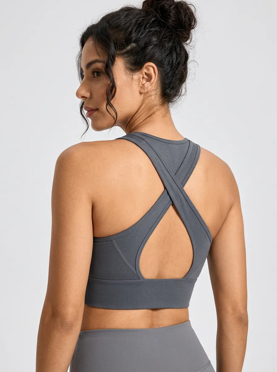Women's Grey Solid Color Cross Back Sports Bra
