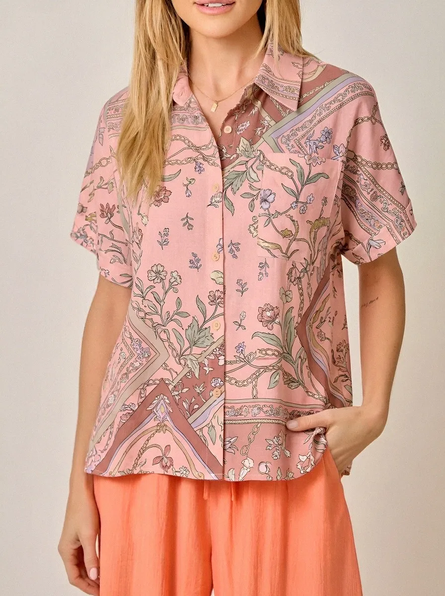 Women's Vintage Floral Chain Pattern Printed Button-up Shirt