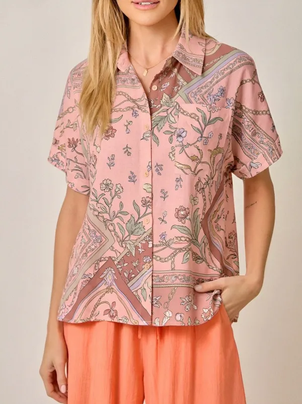 Women's Vintage Floral Chain Pattern Printed Button-up Shirt