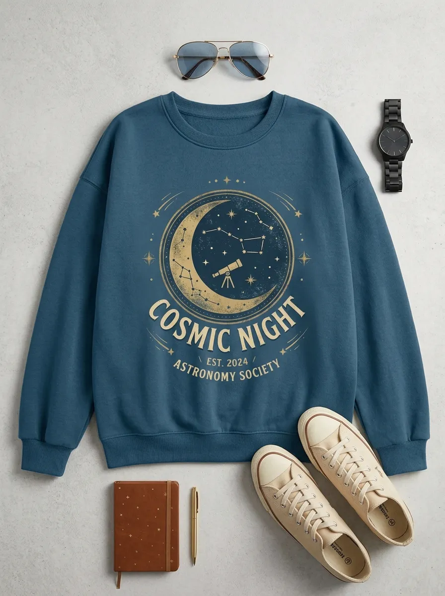 Women's Astronomy Lover Cosmic Night Moon Telescope Printed T-shirt