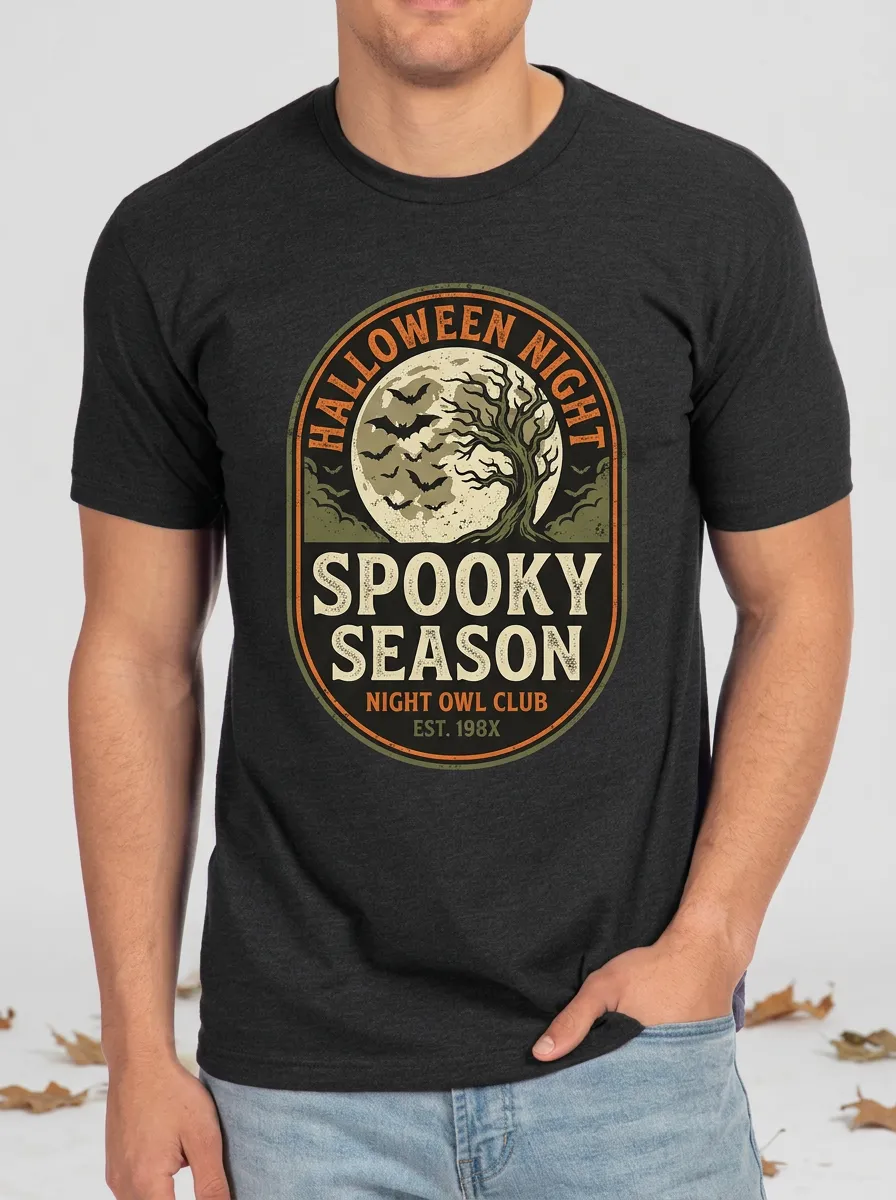 Men's Halloween Spooky Season Moon Bat Tree Printed T-shirt