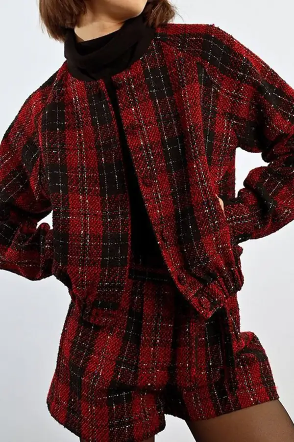 Plaid Ribbed Button Front Relaxed Jacket