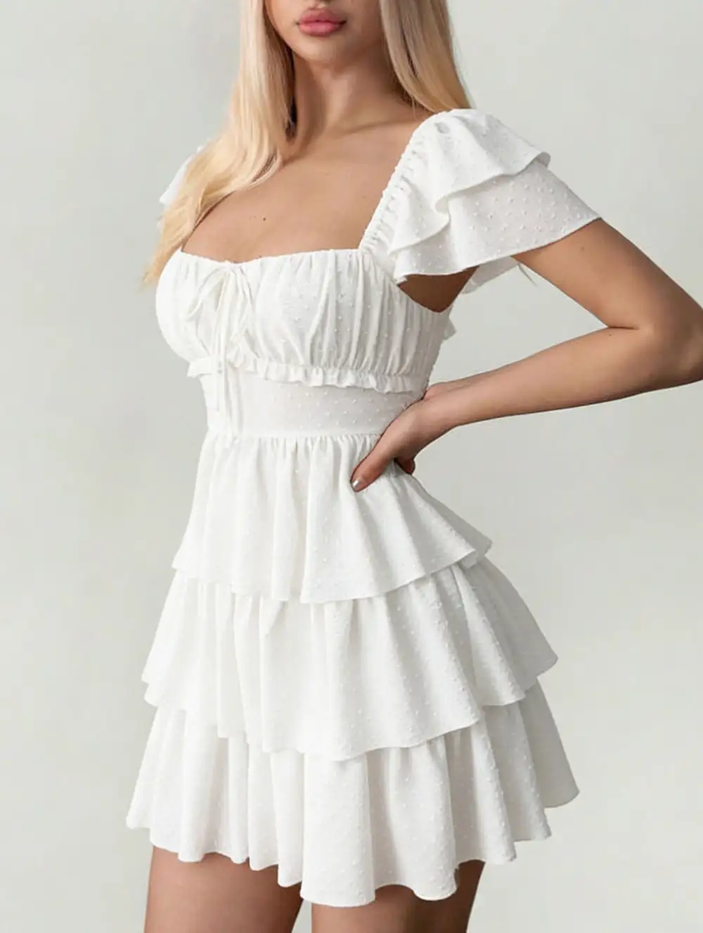 Square Neck Ruffle Backless Mini Dress