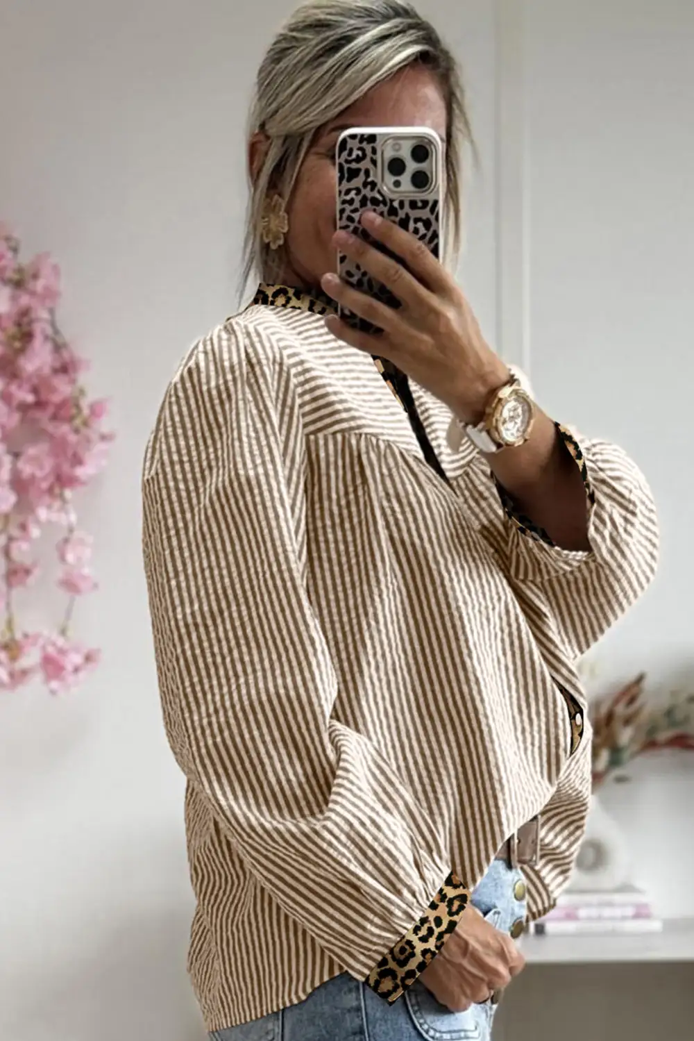 Striped Leopard Print Patchwork Shirt Blouse