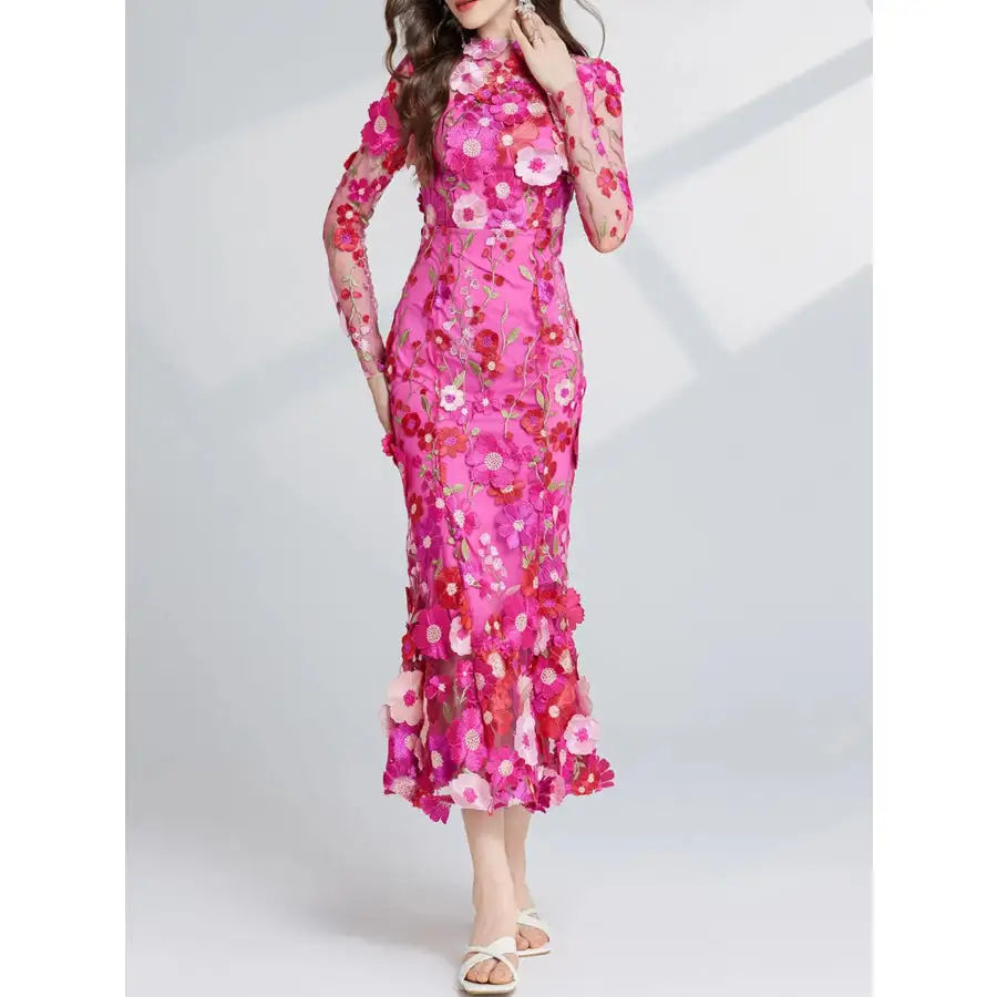 Embroidered Mesh Long Sleeve Midi Dress