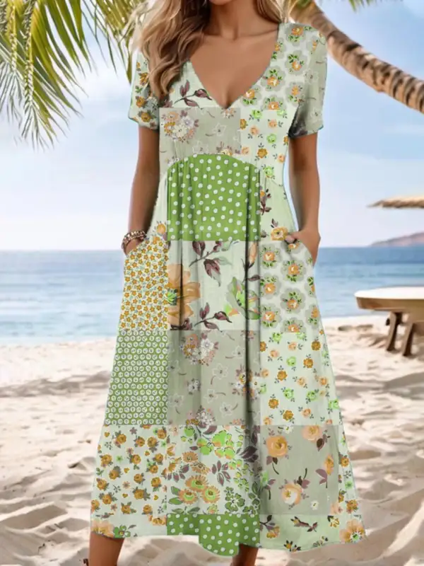 Full Size V-Neck Casual Midi Dress Plus Size