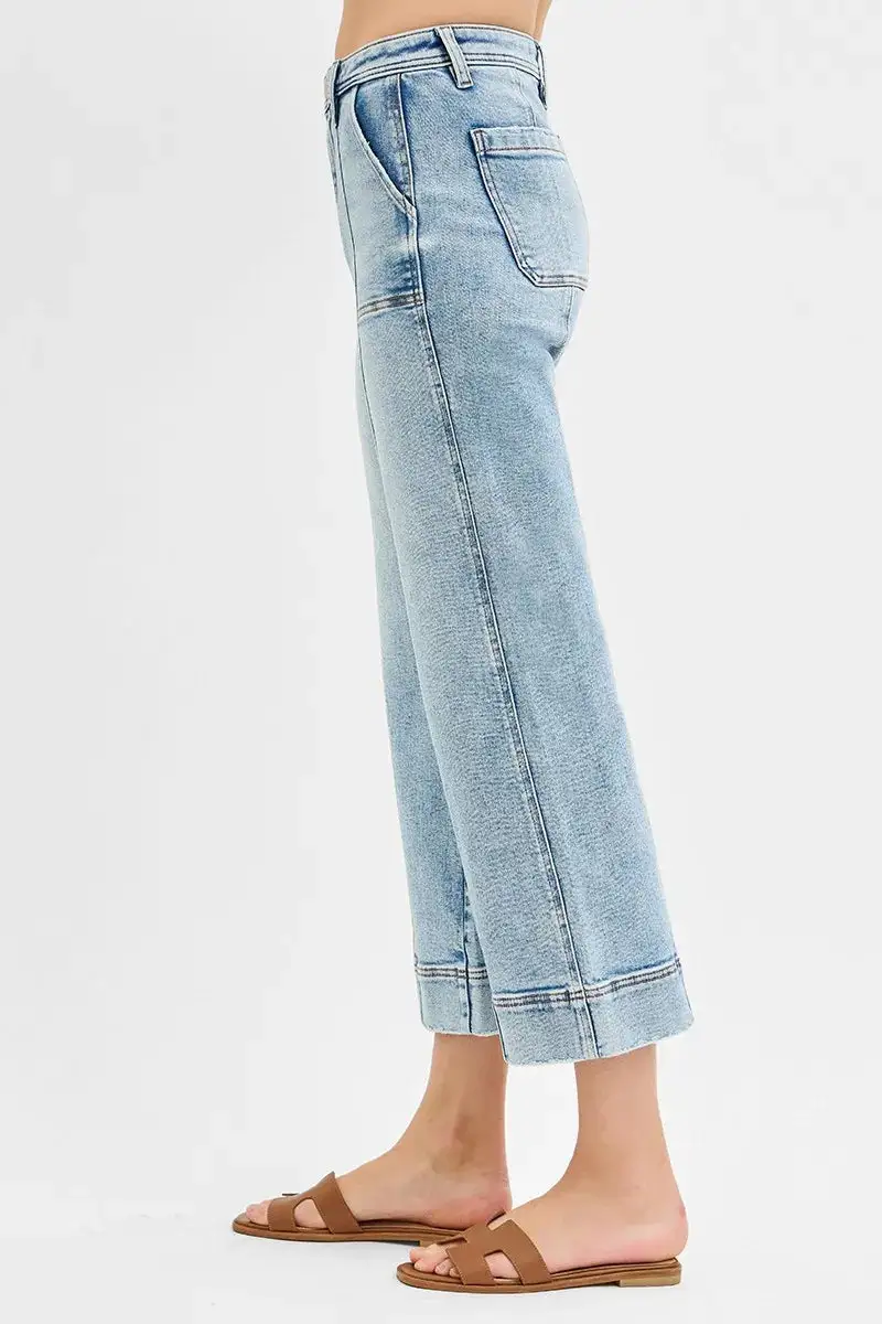 Full Size High Rise Crop Wide Front Seam Detailed Jeans Plus Size
