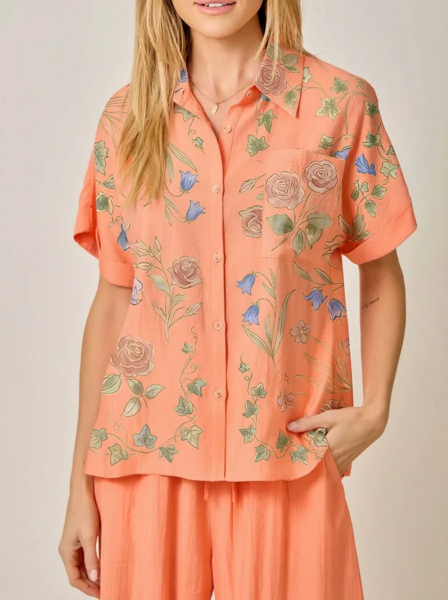 Women's Floral Garden Rose Bellflower Printed Button-up Shirt
