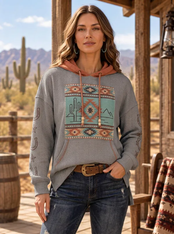 Women's Western Beige Waffle Knit Southwest Graphic Hoodie