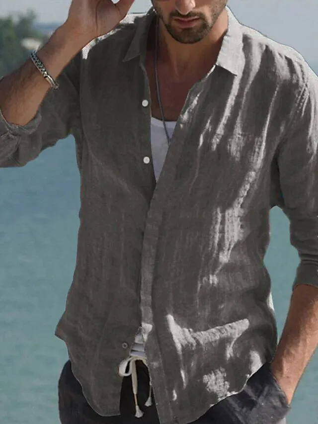 Men's Button-Front Casual Linen Shirt