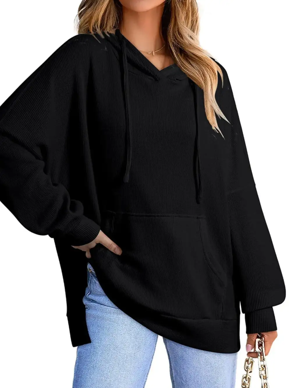 Tailored Drawstring Pocketed Waffle-Textured Knit Hoodie