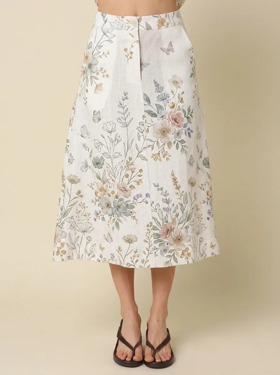 Women's A-Line Floral Butterfly Botanical Printed Midi Skirt