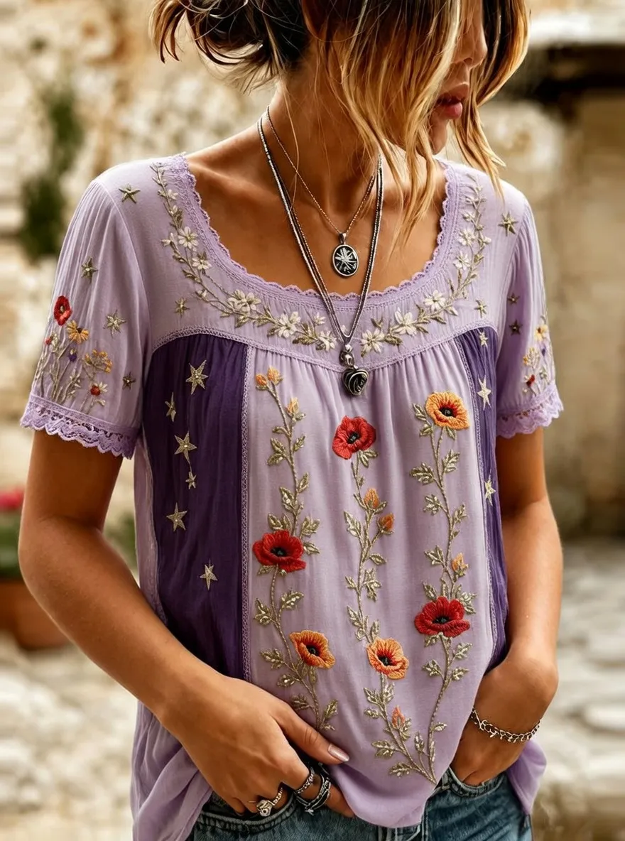 Women's Boho Floral Poppy Star Embroidered Printed Short Sleeve T-shirt