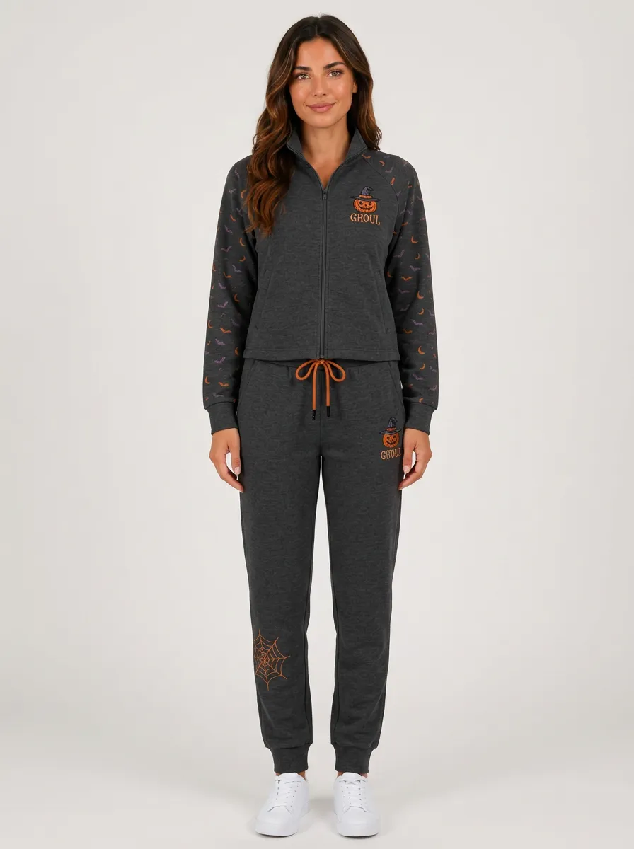 Women's Halloween Ghoul Pumpkin Spiderweb Printed Tracksuit
