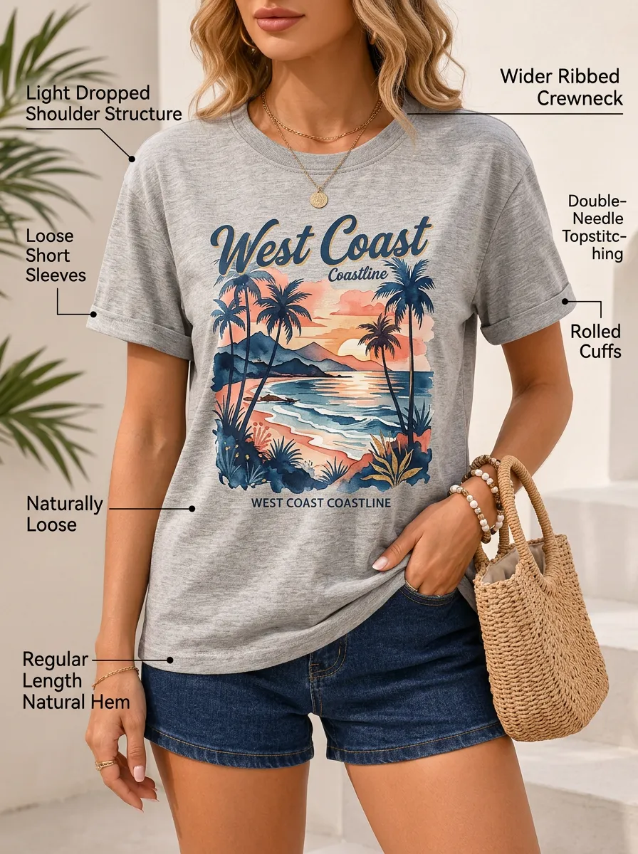 Women's Palm Tree Sunset Beach Printed T-Shirt