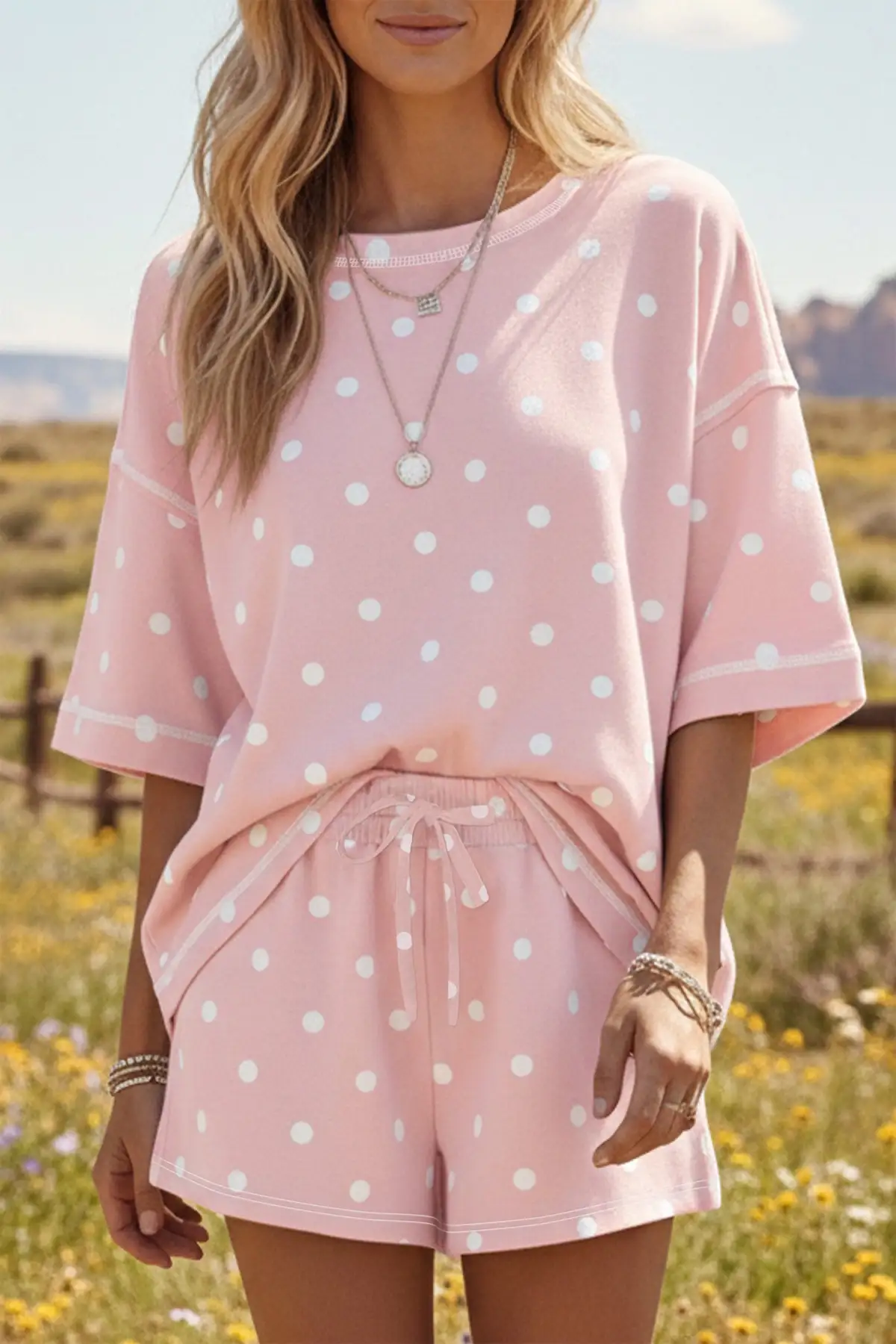 Refined Drawstring Polka-Dot Two-Piece Tee and Shorts Set