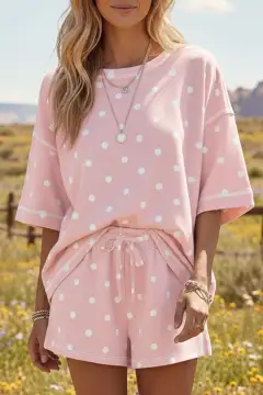 Refined Drawstring Polka-Dot Two-Piece Tee and Shorts Set
