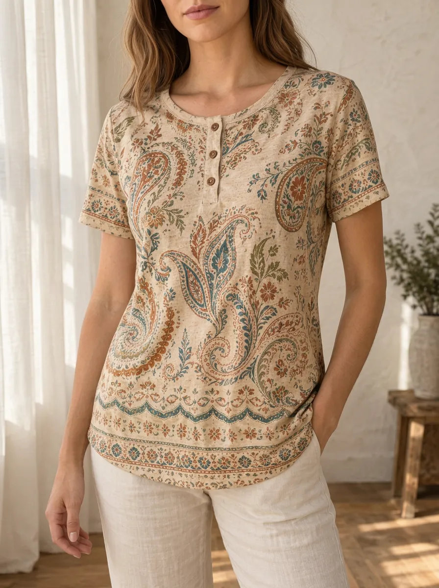 Women's Boho Inspired Boho Paisley Floral Henley T-Shirt