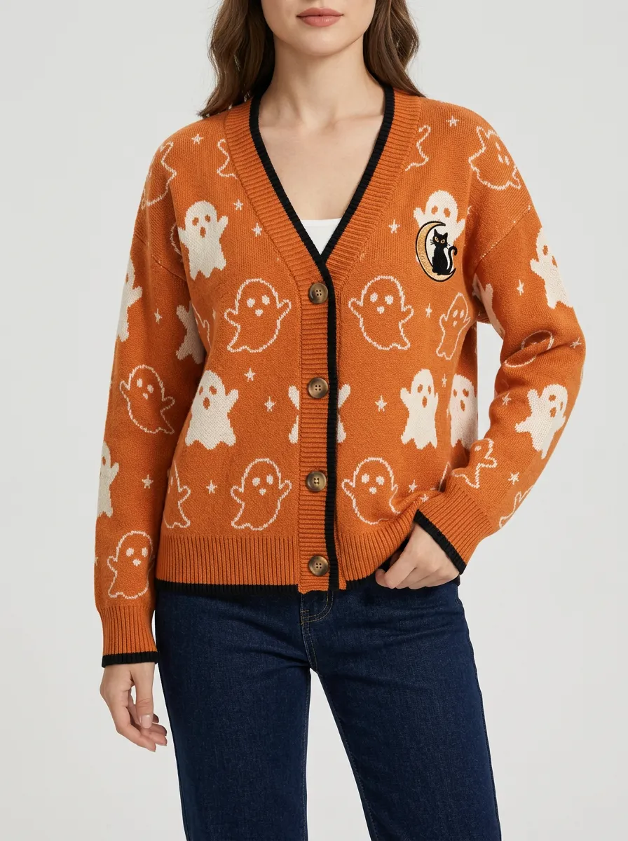 Women's Ghost and Black Cat Halloween Knit Cardigan