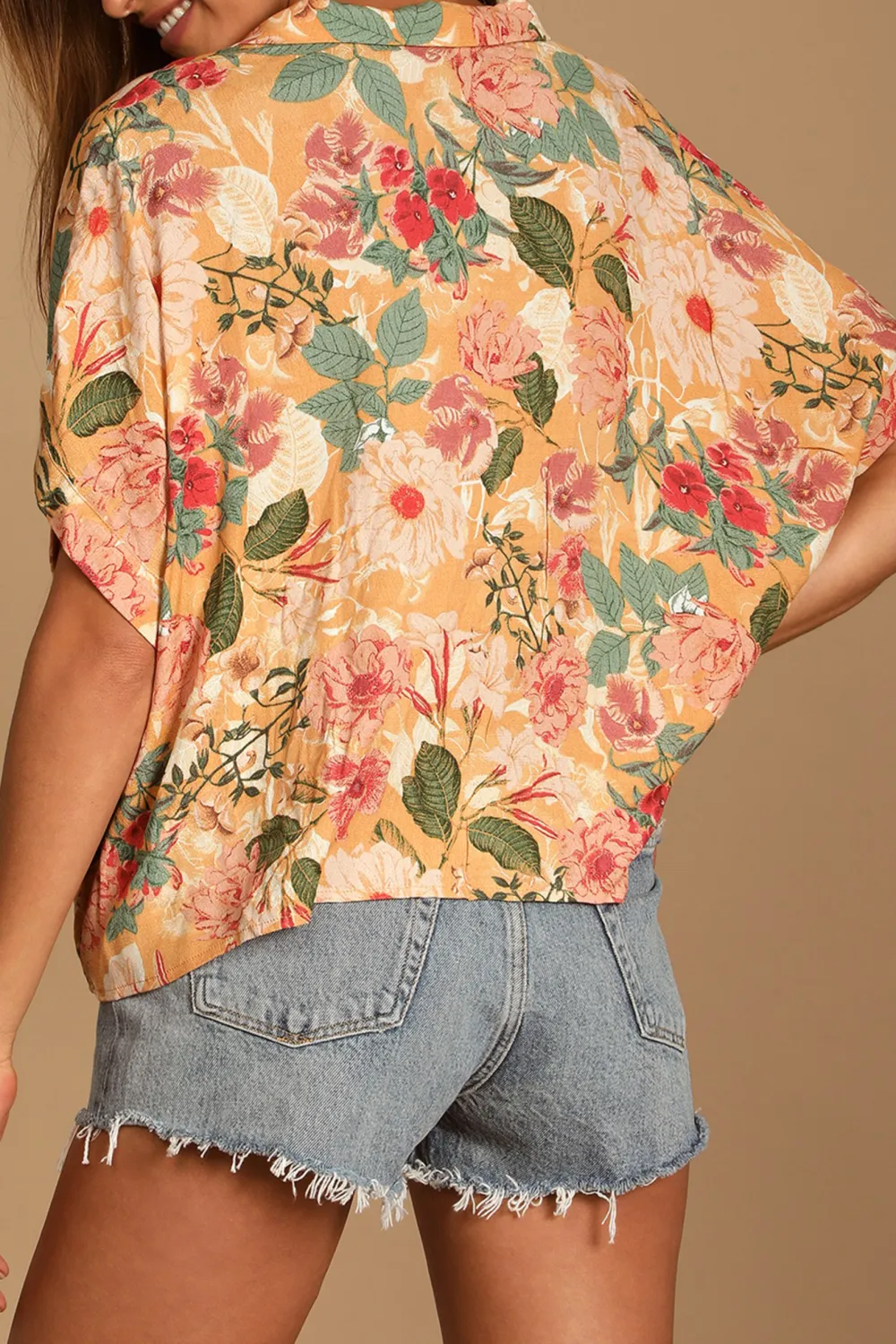 Casual Style Floral Print Button-Up Short Sleeve Top