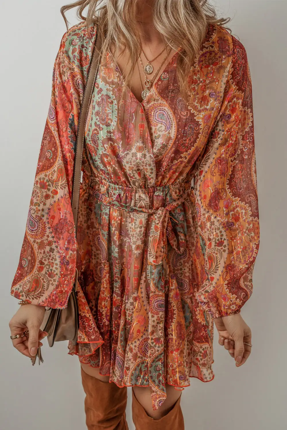 Paisley Pleated Belted Mini Dress