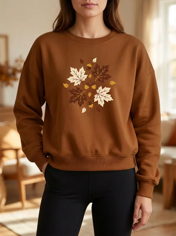 Layered Form Maple-Leaf Printed Acorn Graphic Sweatshirt