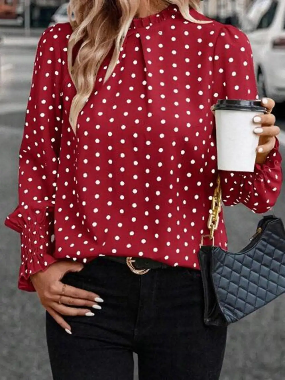 Polka Dot Lantern Sleeve Blouse