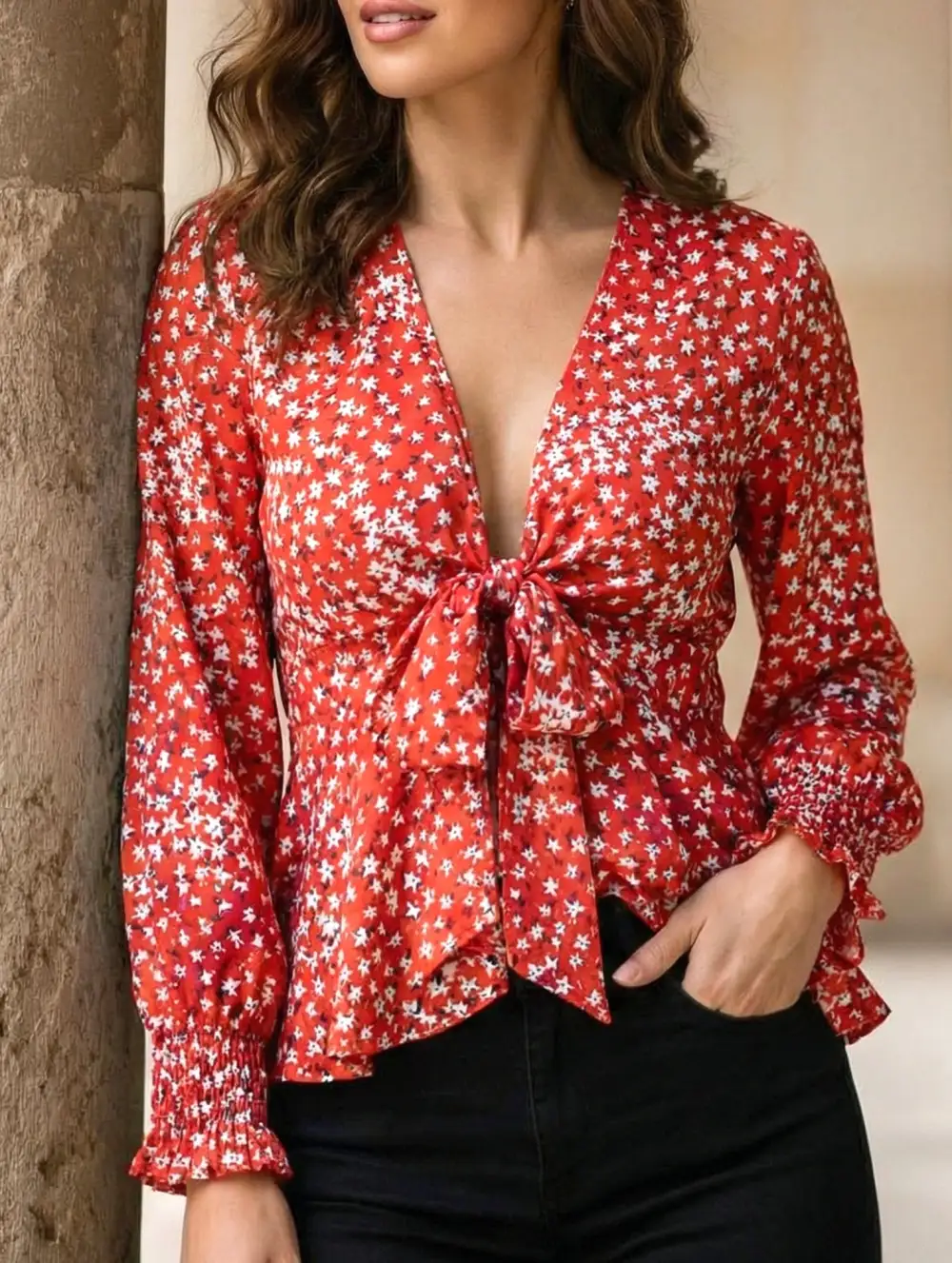 Floral Print V Neck Tie Waist Blouse