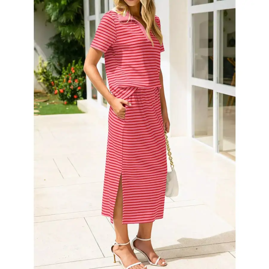 Modern Striped Polo Collar Top And Slit Skirt Two-Piece