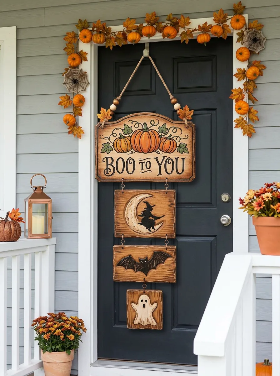 Halloween Pumpkin Witch Bat Ghost Hanging Door Sign