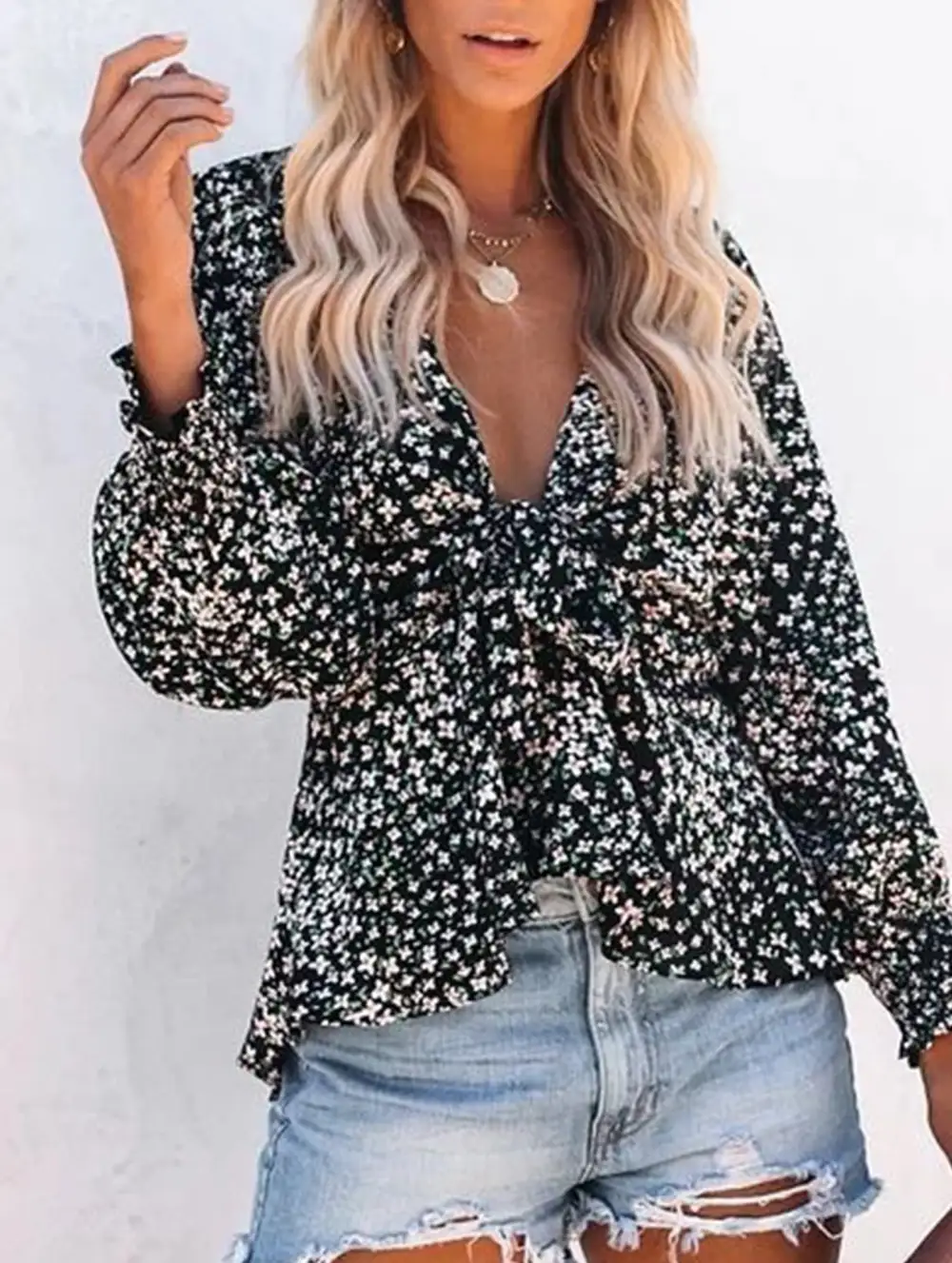 Floral Print V Neck Tie Waist Blouse