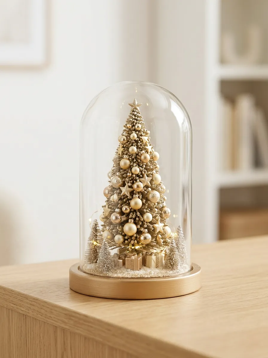 Gold Glitter Tree Glass Dome Christmas Tabletop Ornament