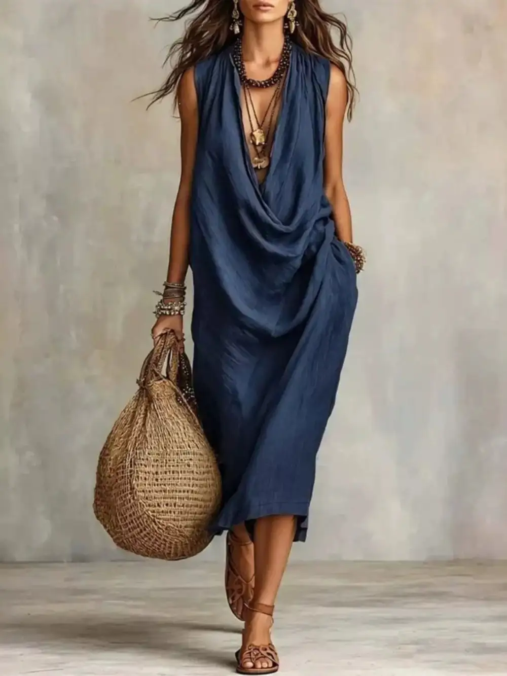 Cowl Neck Sleeveless Midi Dress