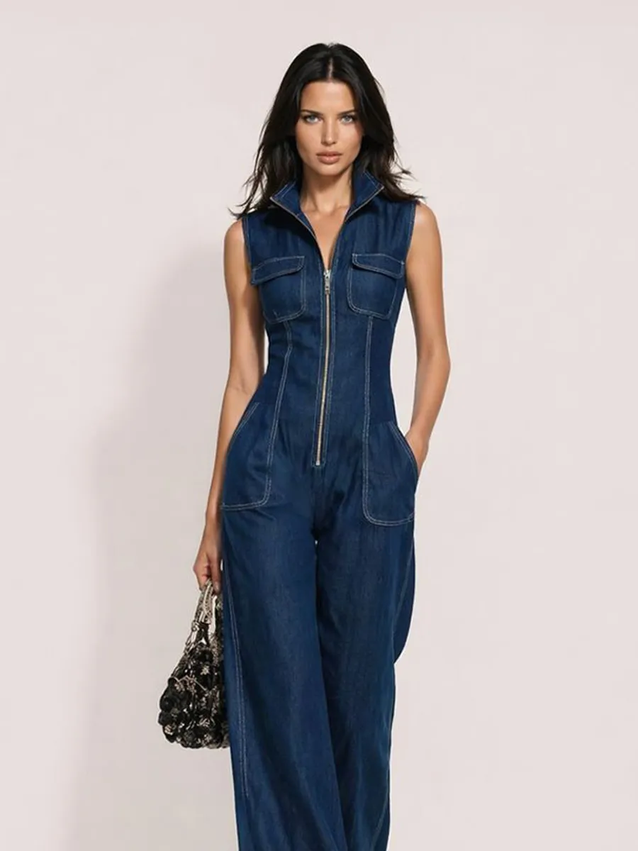 Celine Retro Stand-Collar Zip-Front Sleeveless Denim Jumpsuit