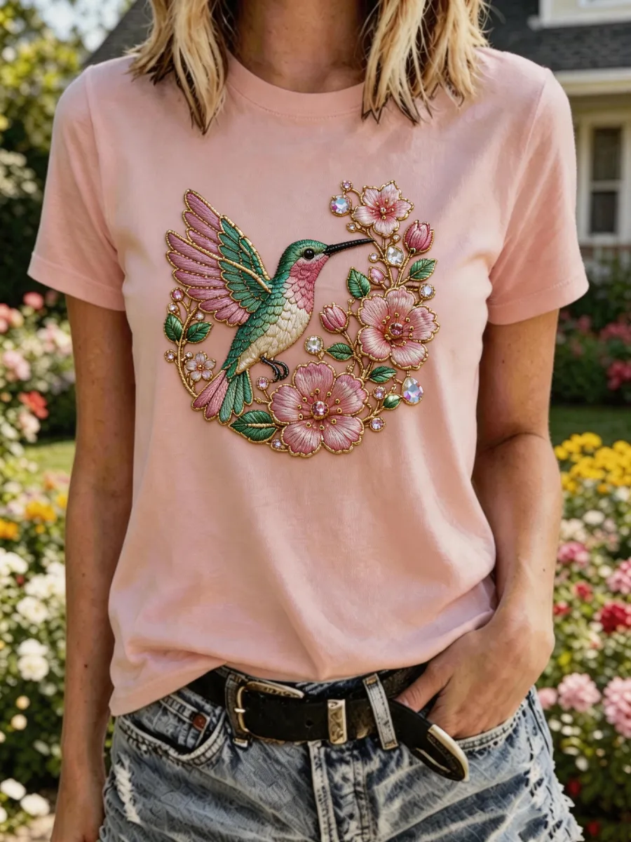 Women'S Hummingbird Joy Floral Art Print Casua T-Shirt