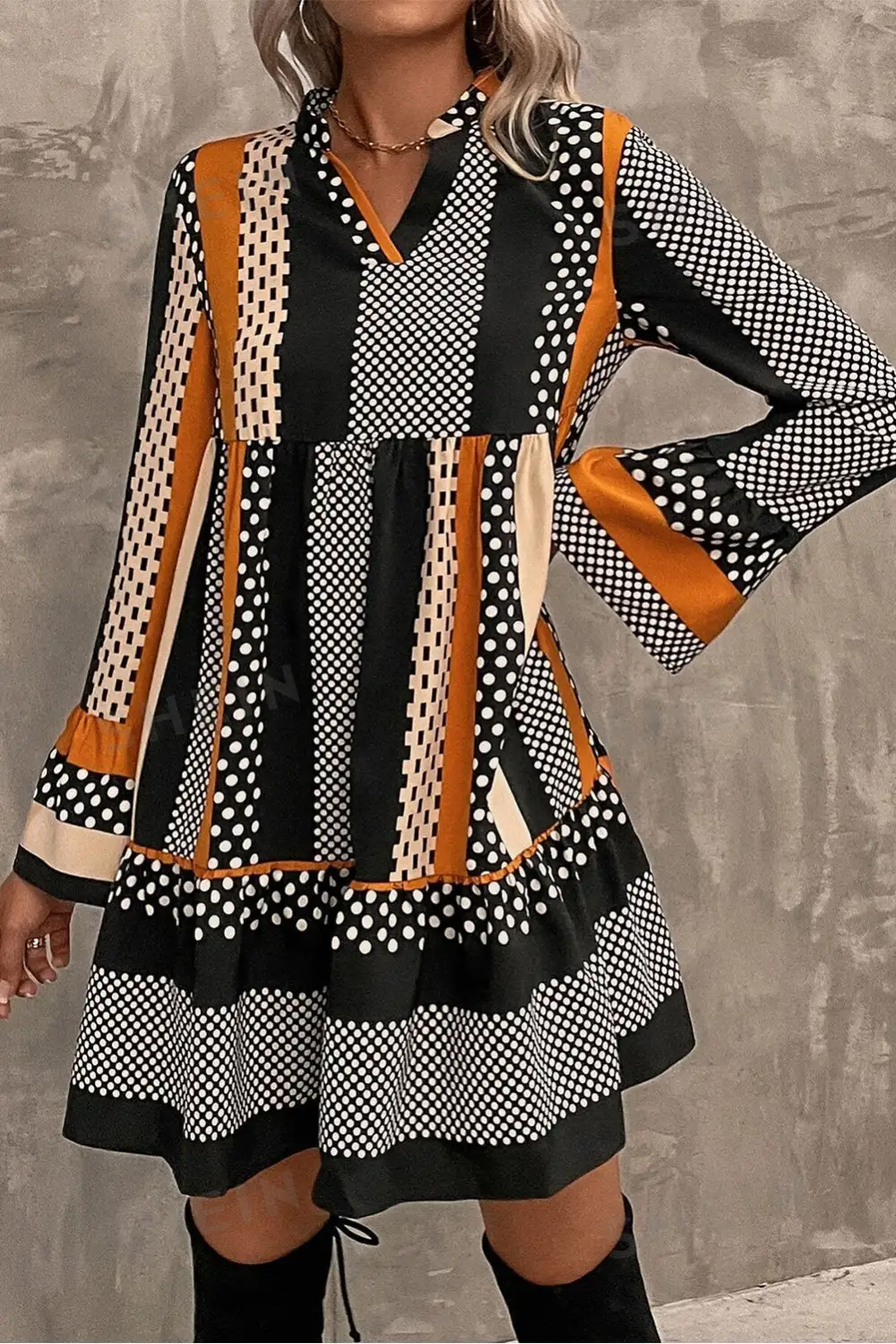 Polka Dot Striped Ruffle Trim Mini Dress