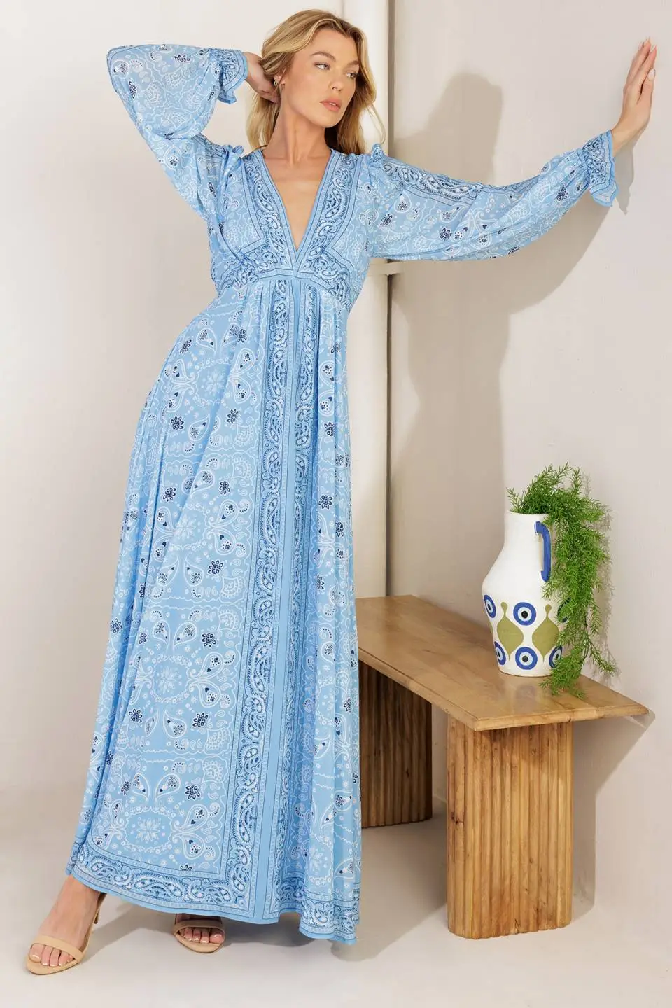 Long-Sleeve Printed Maxi Dress
