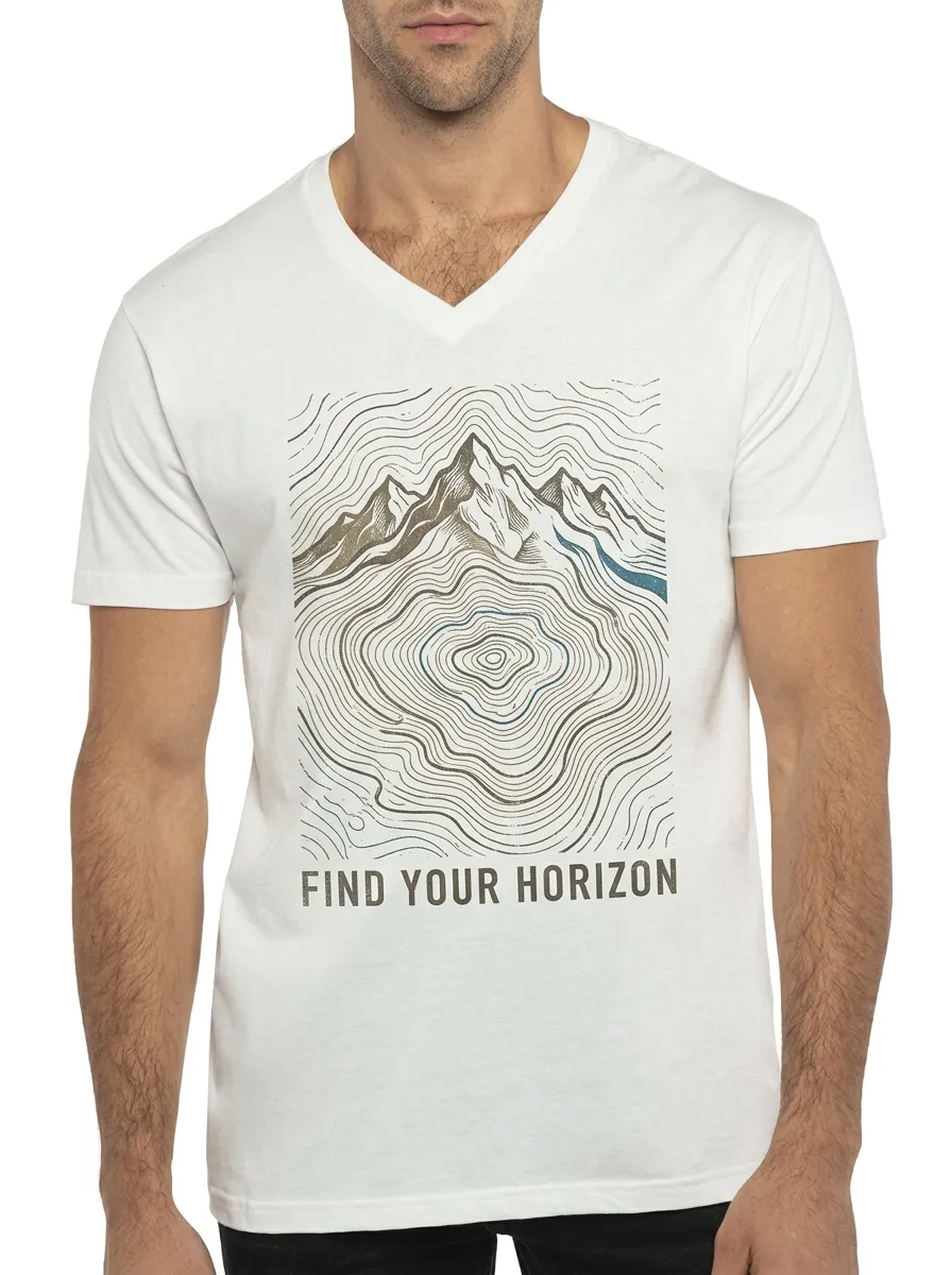 Men's Outdoor Adventure Mountain Topographic Printed V-Neck T-Shirt