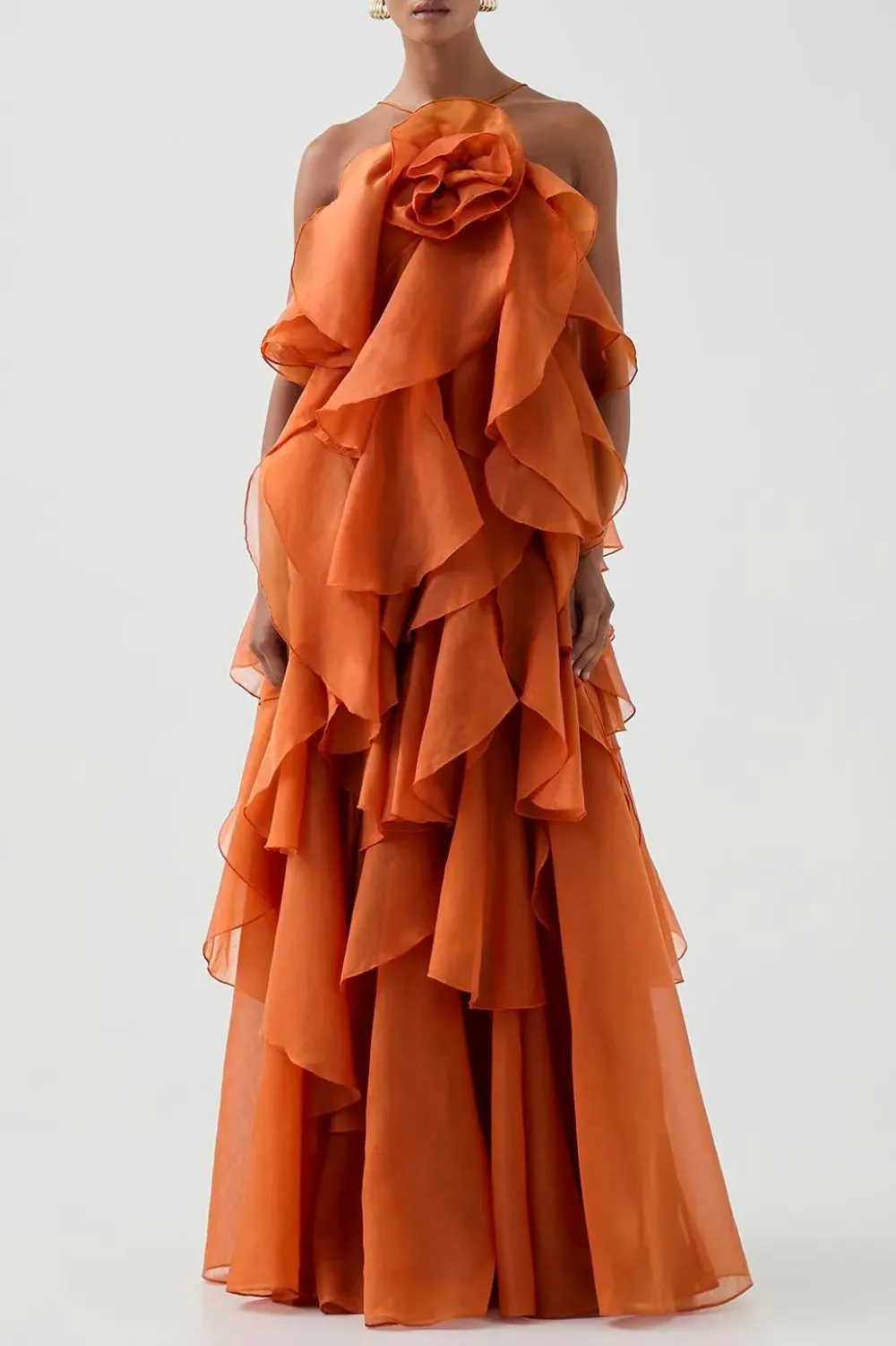 3D Flower Halter Neck Frill Maxi Dress