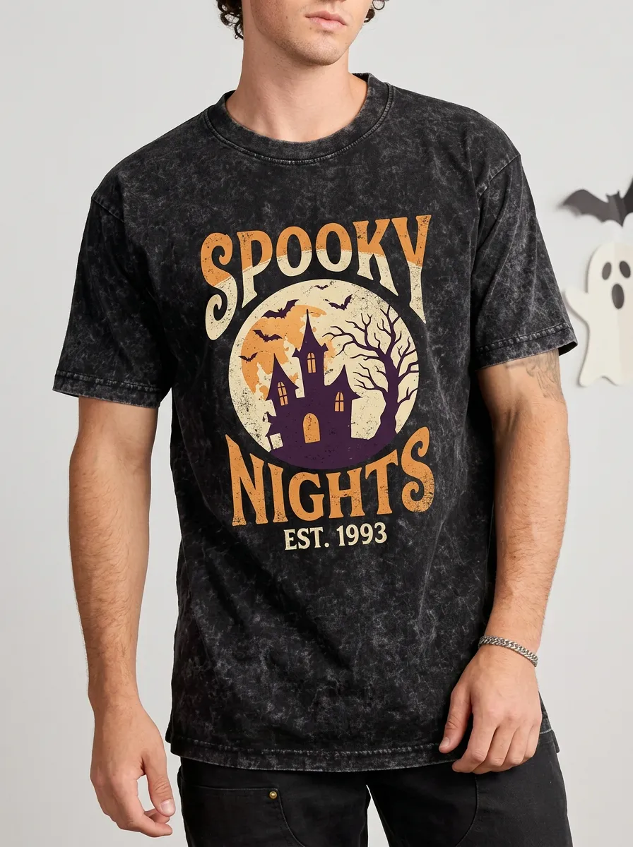 Men's Halloween Spooky Nights Haunted House Moon Printed T-shirt