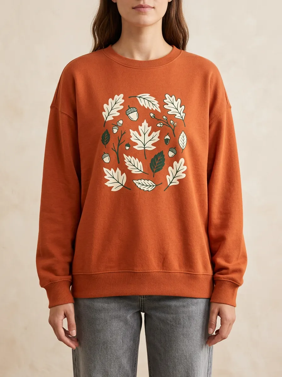 Textured Form Maple-Leaf Printed Acorn Graphic Sweatshirt