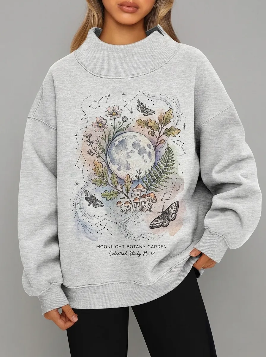 Women's Celestial Moon Botany Garden Moth Printed Sweatshirt