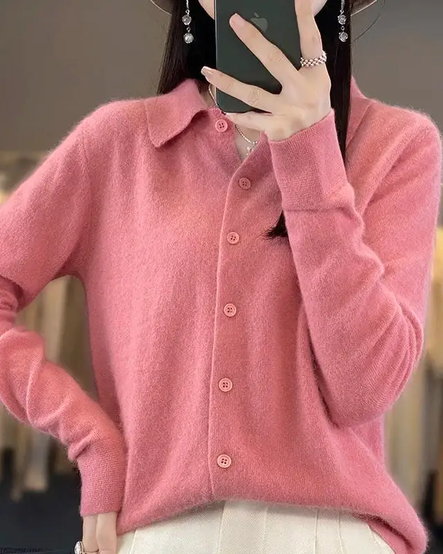Mink-Cashmere Cashmere Button-Front Polo-Collar Cardigan