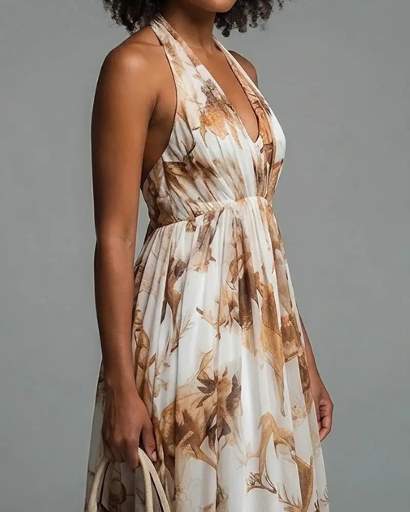 Boho Halter Neck Deep-V Flowy Maxi Dress
