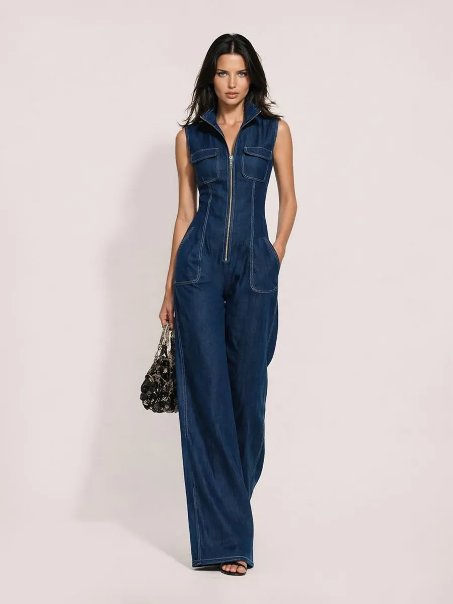 Celine Retro Stand-Collar Zip-Front Sleeveless Denim Jumpsuit