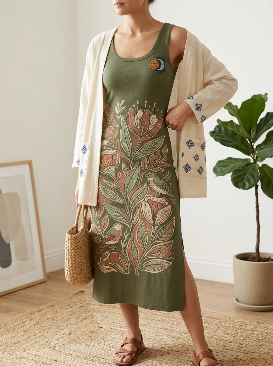 Women's Boho Nature Lover Floral Bird Printed Tank Dress