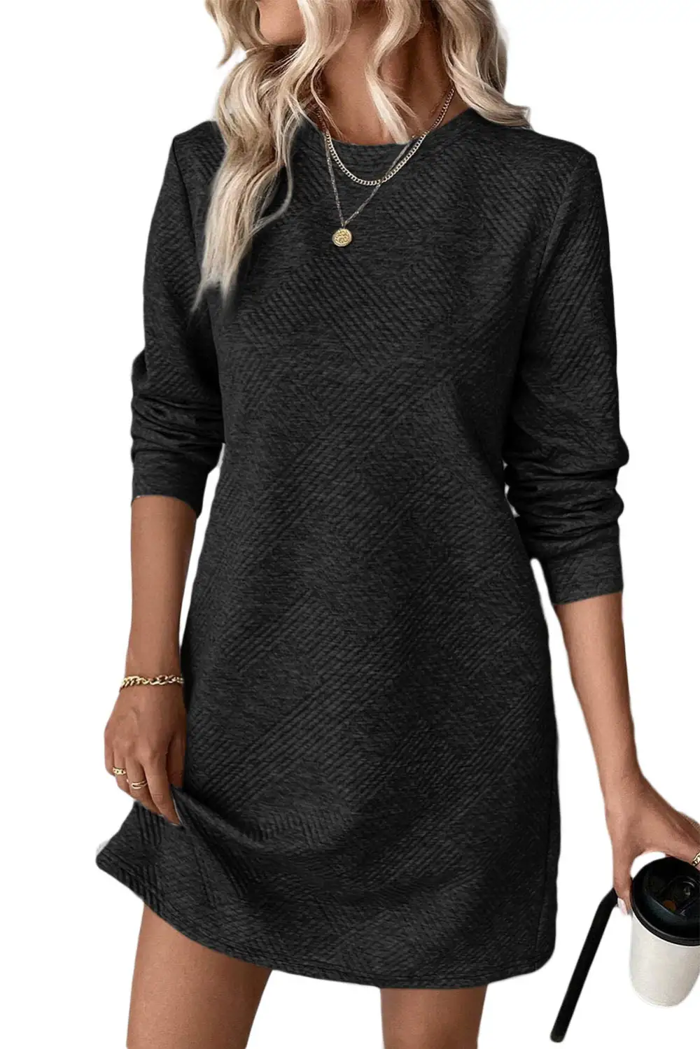 Textured Long Sleeve Shift Mini Dress